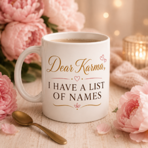 dear karma, i have a list of names funny sarcastic coffee mug