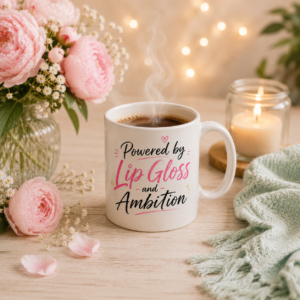 powered by lip gloss and ambition funny girly mug
