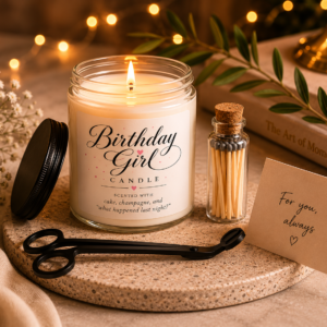 birthday girl candle – scented with cake, champagne & “what happened last night?”