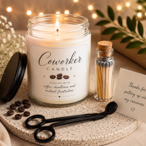 coworker candle – scented with coffee, deadlines & mutual frustration