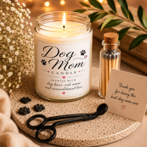 dog mom candle – scented with dog hair, wet noses & unconditional love