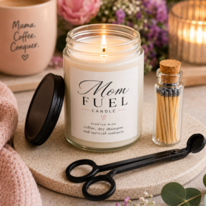 mom fuel candle – scented with coffee, dry shampoo & survival instincts